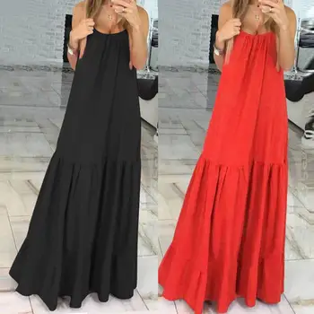 

2019 Hot Plus Size Summer Holiday Boho Women Round Neck Solid Color Sleeveles Spaghetti Strap Swing Maxi Loose Dress size S-5XL