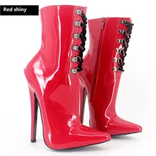 2020 buty damskie kobieta fetysz krótkie buty szpiczasty nosek mężczyzna krzyż opatrunek buty Sexy dla Cosplay BDSM boczny zamek 18cm czerwony czarny