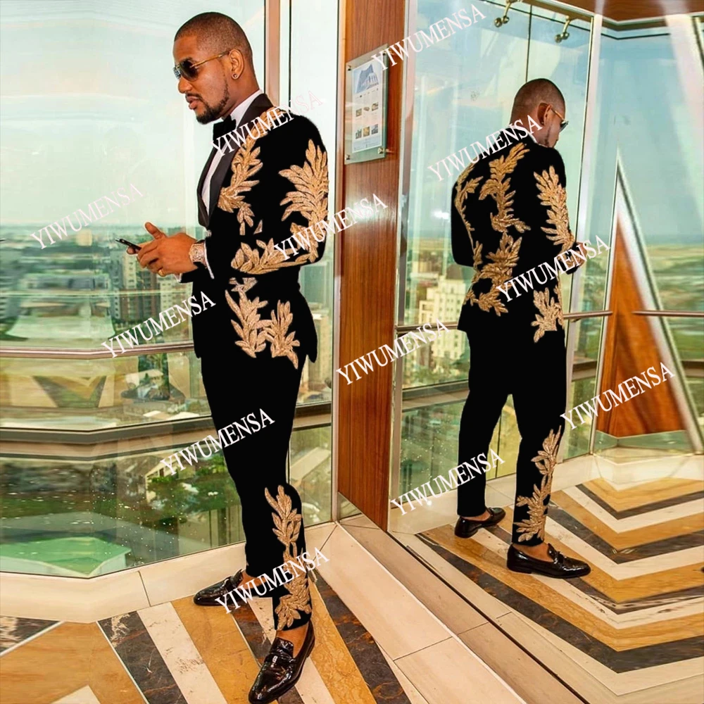 White Suits Men For Wedding Grooms Tuxedo Tailor-Made Male Prom Party Gold Embroidery Jacket+Pants 2 Piece Costume Homme Mariage