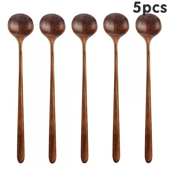

5 pieces Korean style wooden long spoon 10.9 inch 100% natural wood long handle round spoon for cooking and stirring of soup