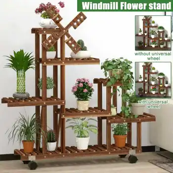 

Flower Stand Pot Plant Bonsai Display Shelves with Wheels Muti-Layers Wooden Storage Rack Holder Patio Garden Home Decoration