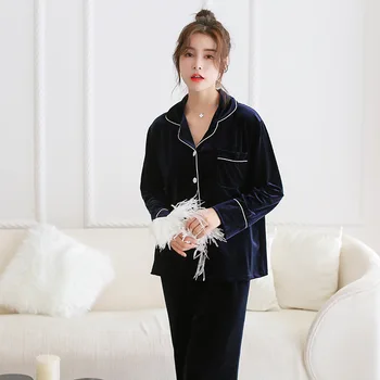 

Ladies Winter Warm Nightwear Set 2 Pieces Velour Sleepwear Set Long Sleeve Pajamas Solid Pyjama Femme Fashion Home clothing