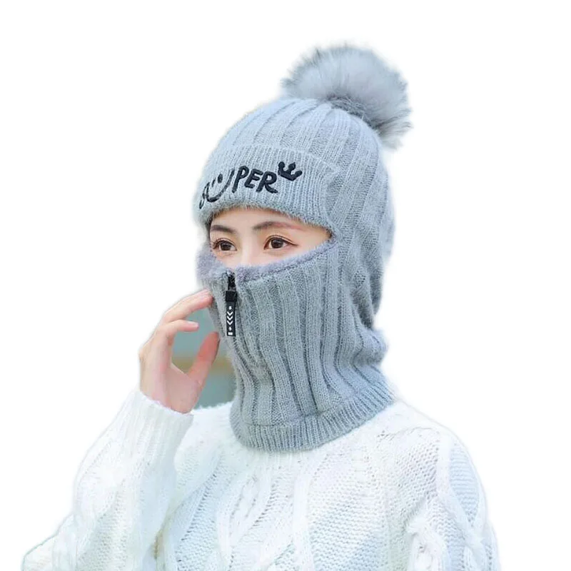 Новые толстые теплые зимние трикотажные изделия для женщин Embriodery Smile Face Beanie наушники на молнии украшения Gorro мех пом шапка с помпоном зима