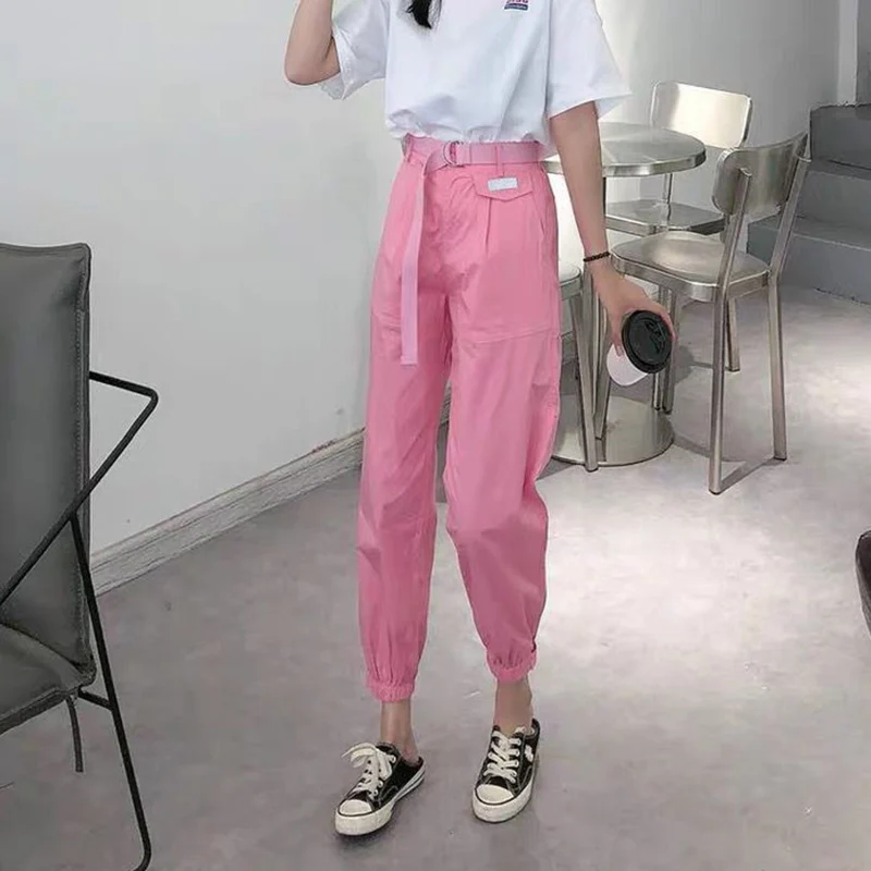 Женские шаровары в стиле хип хоп розовые свободные брюки карго Корейском для