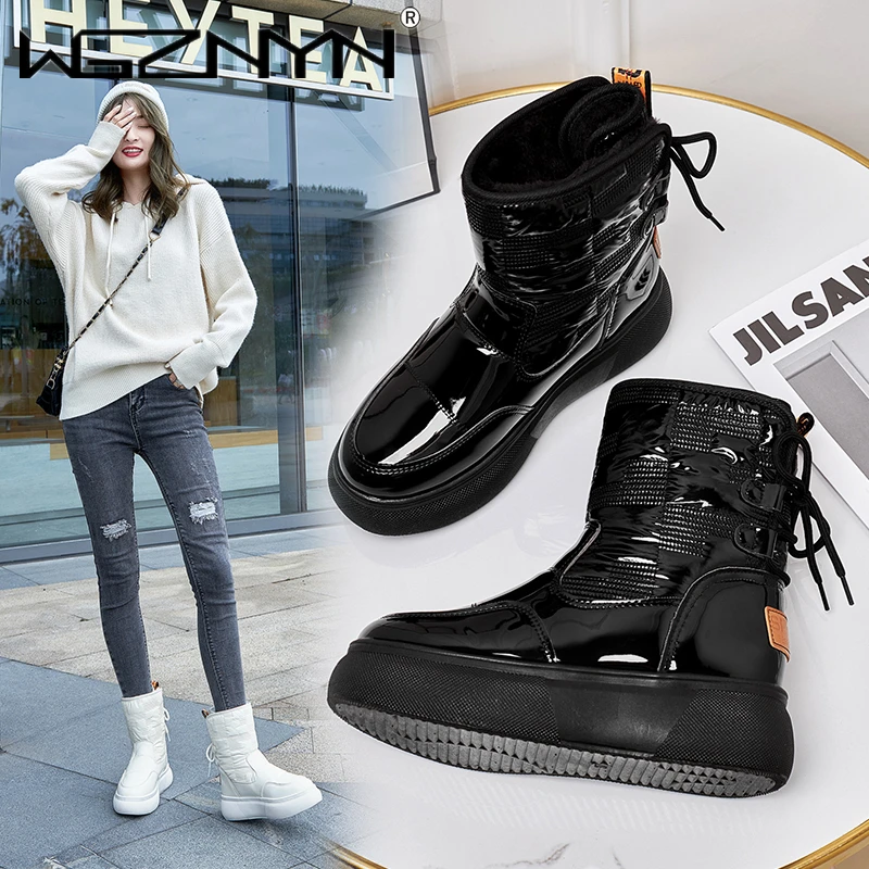 Winter Woman Boots Female Keep Warm Women's Patent Leather Boots Waterproof Female Shoes Plus Size Botas Mujer