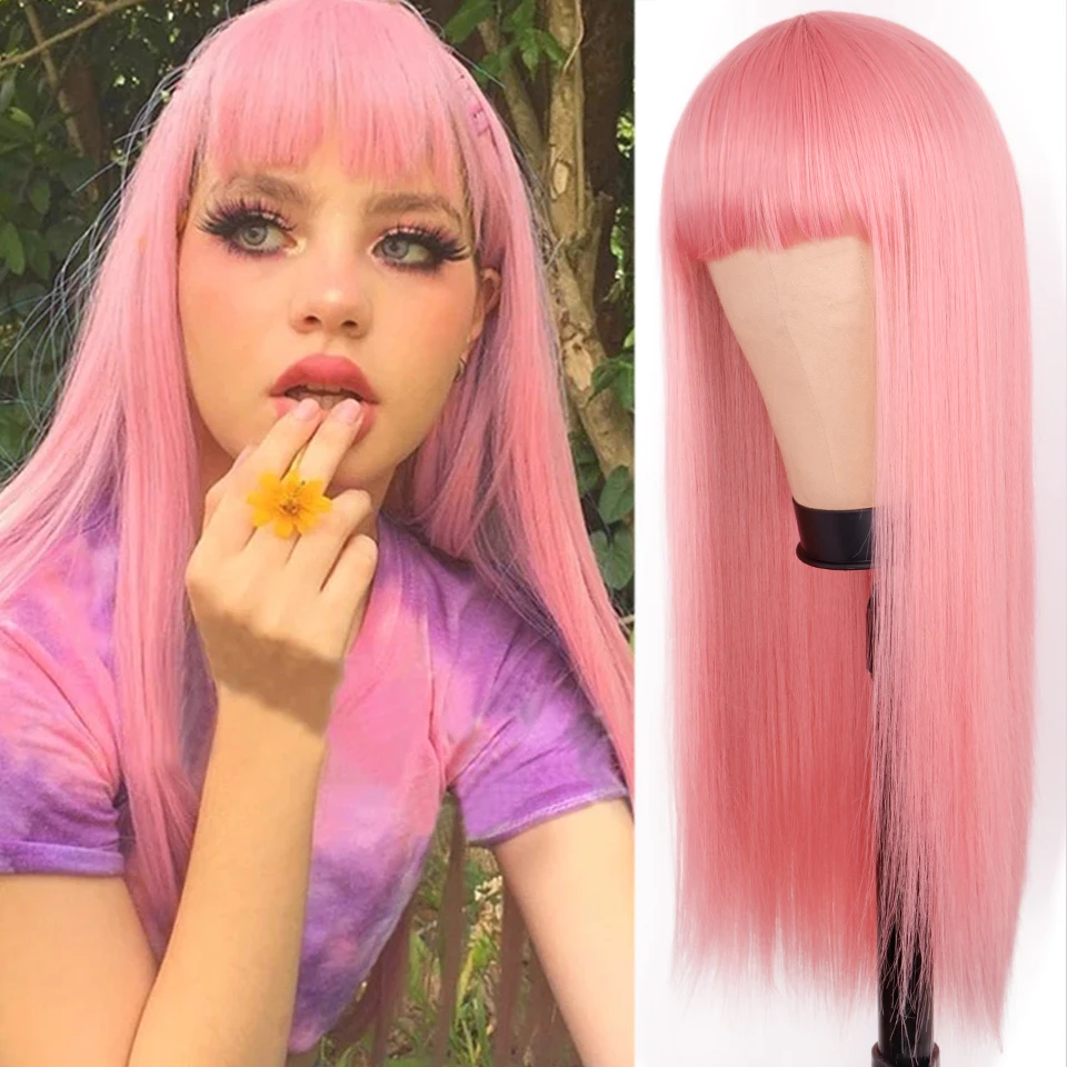 Lolita synthetic Wig Pink Wig Blonde wig Long Streight hair With Bangs Natural wigs For women hair Cosplay Wig
