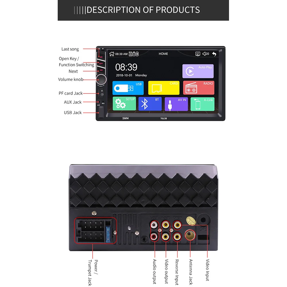7013B Car Multimedia Audio Player Stereo Radio 7 inch Touch Screen HD MP5 Player Support Bluetooth Camera FM USB SD AUX