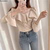 Ruffled Tops And Blouses Autumn Fall Basic Wear Flare Sleeve Chic Korean Fashion Shirts Black Off Shoulder Women Top Blusas 4