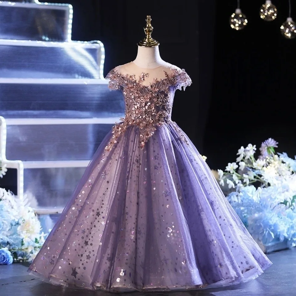 

Teenage Girls Dresses Sequin Children Clothing Party Elegant Princess Long Tulle Baby Girls Kids Lace Wedding Ceremony Costume