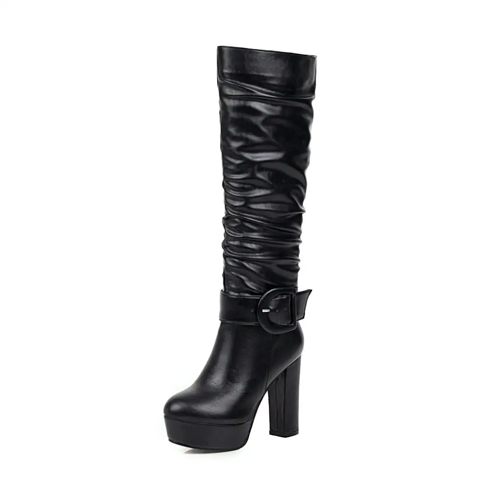 black boots Новое поступление; большие размеры 46; женские сапоги до колена на платформе и не сужающемся книзу массивном высоком каблуке; мотоботы с пряжкой и ремешком; обувь для вечеринок - Цвет: black boots