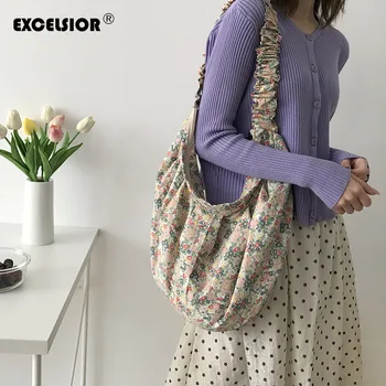 

EXCELSIOR 2020 Floral Women's Bags Pleated Strap Half Moon Crossbody Bag Canvas Shoulder Bag for Female Large Capacity Handbags