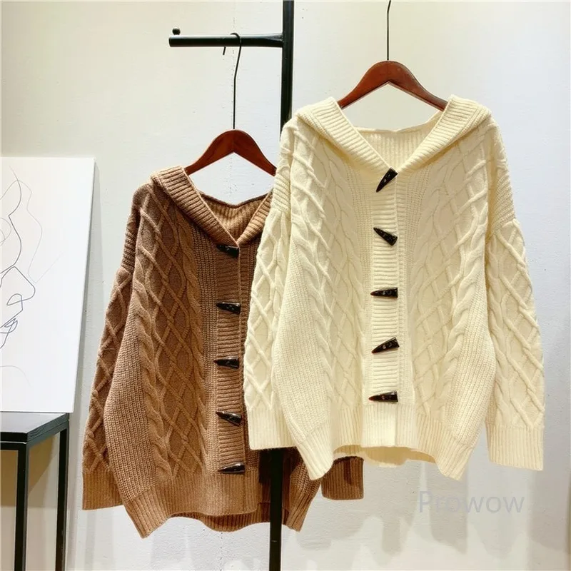 

Horn Button Hooded Sweater Jacket Women Plus Size Cardigan Spring Autumn Outwear Korean Fashion Loose Long Twist Knit Cardigan