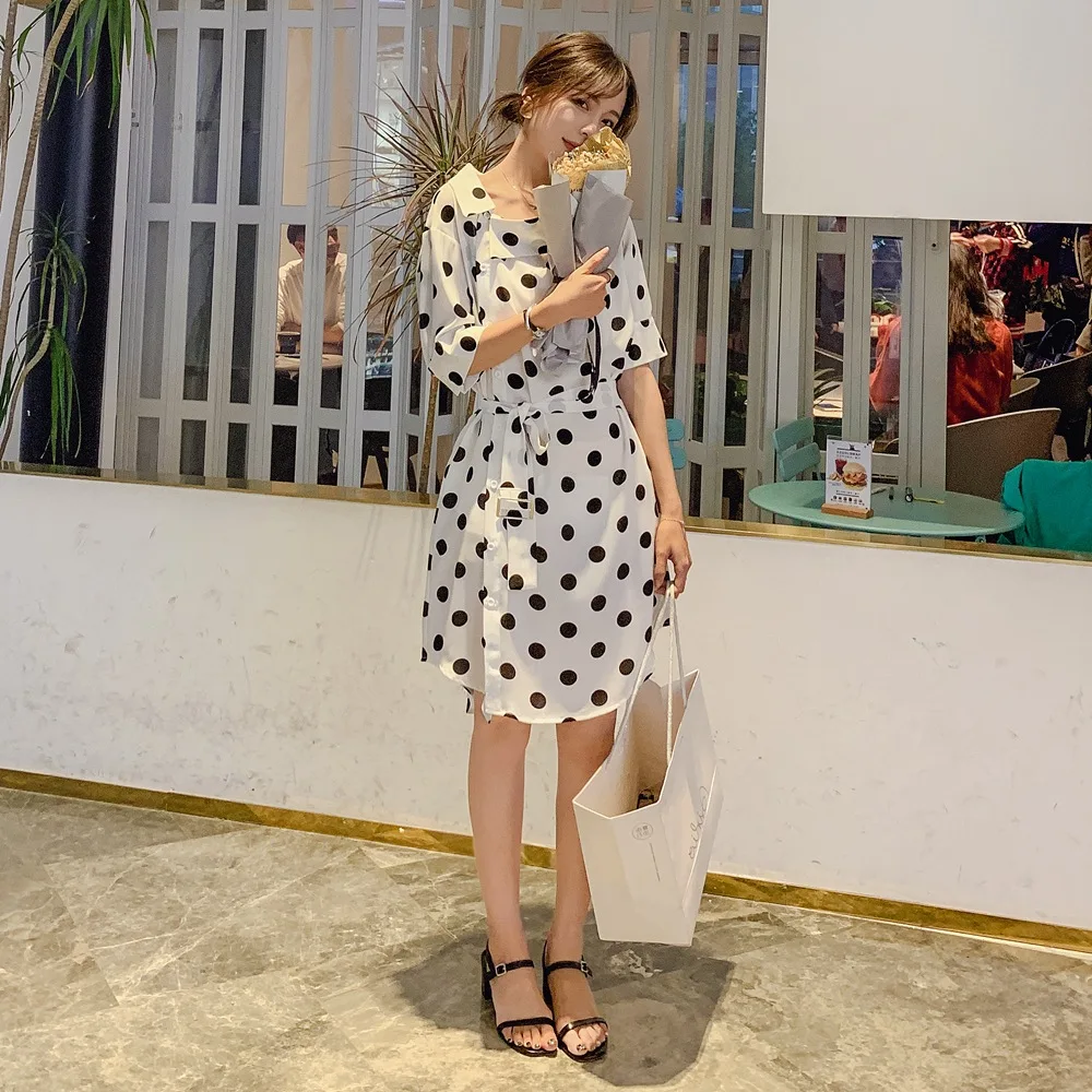 

Photo Shoot 2019 Summer New Style Korean-style WOMEN'S Wear Sense of Design Retro British Style Mid-length Waist Hugging Polka D