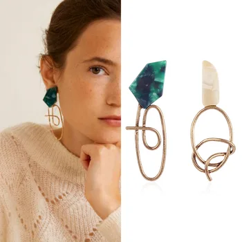 

New Irregular Statement Big Earrings Green Acrylic Antique Gold Asymmetric Metal Stud Earrings Fashion Jewelry For Women