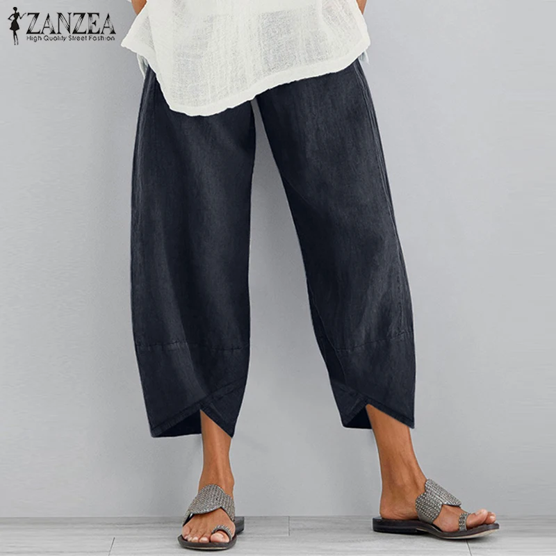 

Women's Tousers 2019 ZANZEA Vintage Cropped Pants Casual Elastic Waist Irregular Pantalon Female Linen Pants Oversized Palazzo