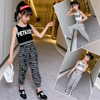 

Summer new fashion female middle school girl trend printed letter temperament girl letter printed vest cotton girl suit