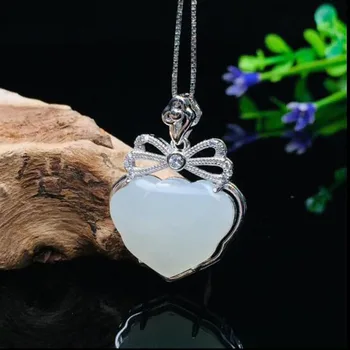 

925 Silver Natural Hetian White Jade Inlaid Heart-shaped Crystal Pendant Necklace For Beautiful Girl