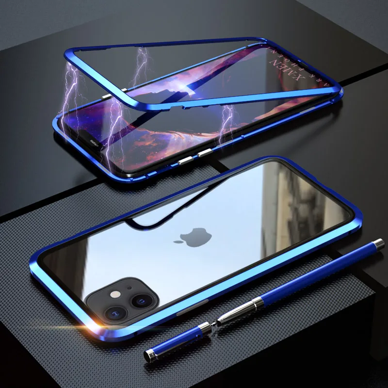 blue Back glass Металлический магнитный адсорбционный чехол для iphone 11, чехол из закаленного стекла для iphone 11 pro max, Новые Чехлы, бампер, чехол - Цвет: blue Back glass