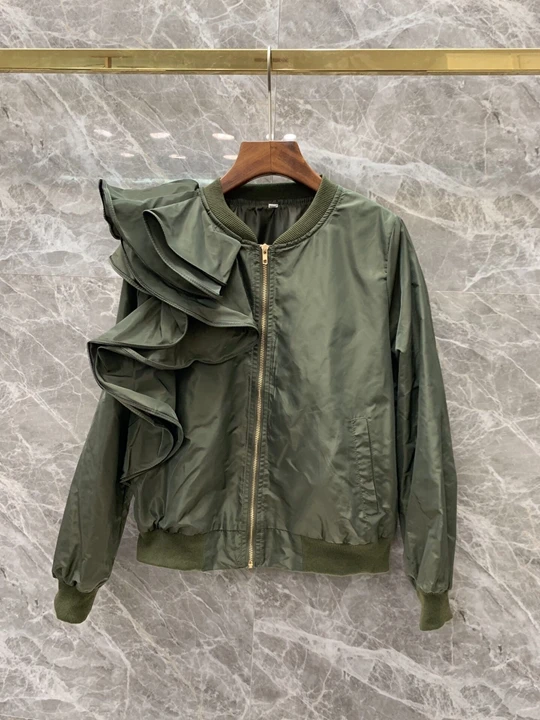 

2019 Early autumn new women's round collar single-sided irregular lotus leaf edge stitching decorative zipper short jacket 906