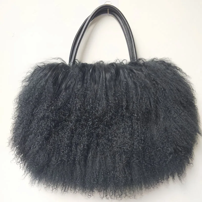 Winter Real Mongolia Lamb Fur Handbag Women Casual Tibet Long Hair Natural Fur Shoulder Bag Genuine Tote Bags Femme 3