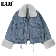 [EAM] Loose Fit Fur Split Denim Big Size Jacket New Lapel Long Sleeve Women Coat Fashion Tide Autumn Winter 19A-a104