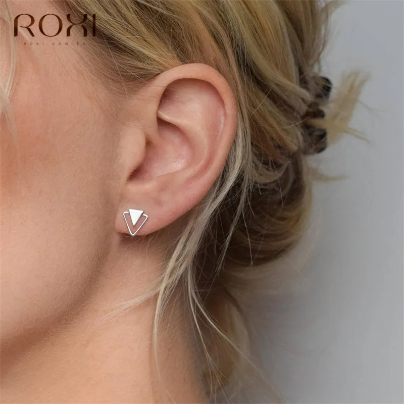 Серьги ROXI из стерлингового серебра 925 пробы для женщин, индивидуальные треугольные корейские сережки-шпильки, модные ювелирные изделия, геометрические серьги для девочек, подарок