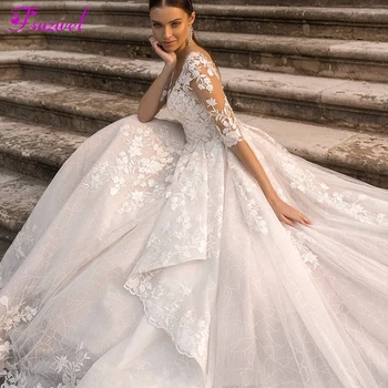 

Fsuzwel Gorgeous Appliques Bride Court Train Lace A-Line Wedding Dress 2020 Charming Scoop Neck Half Sleeve Princess Bridal Gown