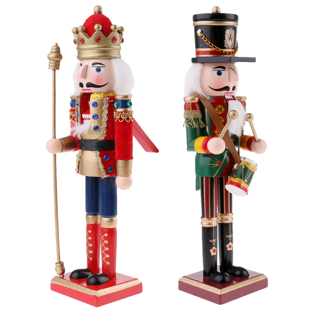 2 Pieces/Lot 30cm Hand Painted Wooden Nutcracker King Drummer Solider Figurine Puppet Doll Toy Birthday Gift Home Desk Decor