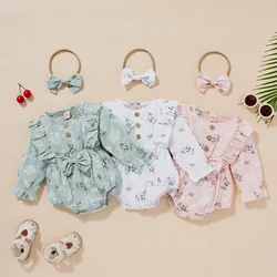 Barboteuse pour bébé avec bandeau, combinaison à manches longues et col rond pour filles de 0 à 18 mois, imprimé Floral 