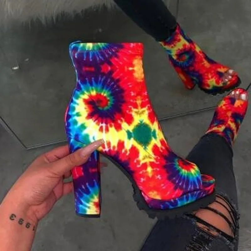 

Autumn Winter New 2019 New Women's Zipper Snake Pattern Waterproof Platform High-heeled Thick-soled Open Toe Low-tube Print Boot