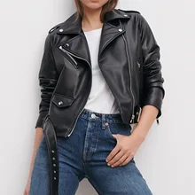 Women's Lapel Collar Leather Jacket Short Belt Slim Winter Jacket Motorcycle Irregular Zipper Black Leather Jacket Women
