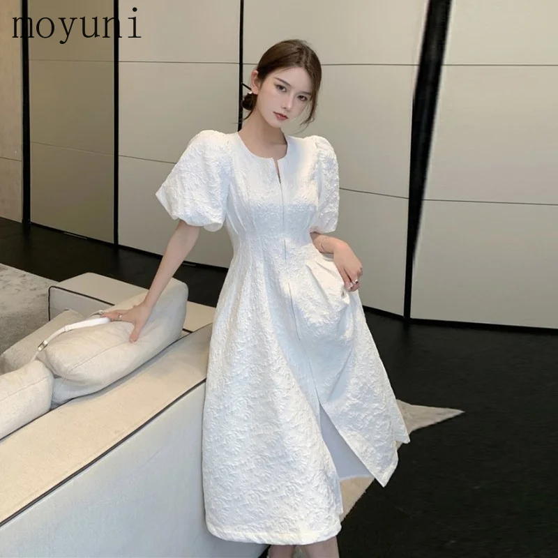 

White Dress for Women 2021 Summer New Waist-Tight Slimming Puff Sleeve Elegant Jacquard Dress Korean Dress Aesthetic Elegant