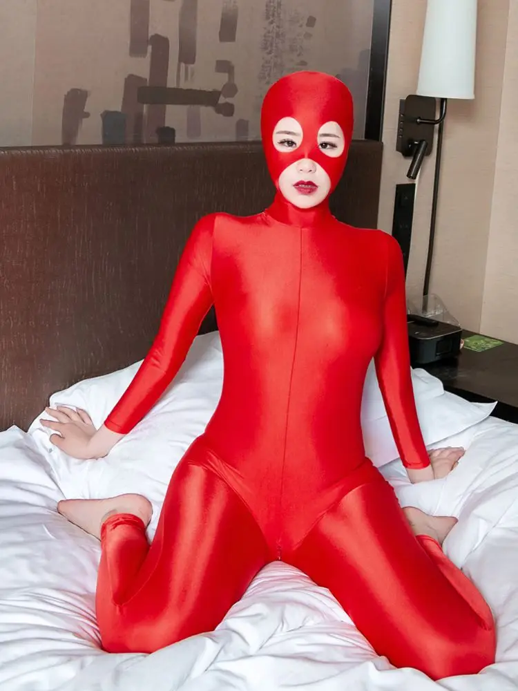 

Mask Long Sleeve Zipper Open Crotch Bodysuit Tights Full Coat Zentai Bodystocking Sexy Jumpsuit Unitard Cojoined Cosplay Catsuit