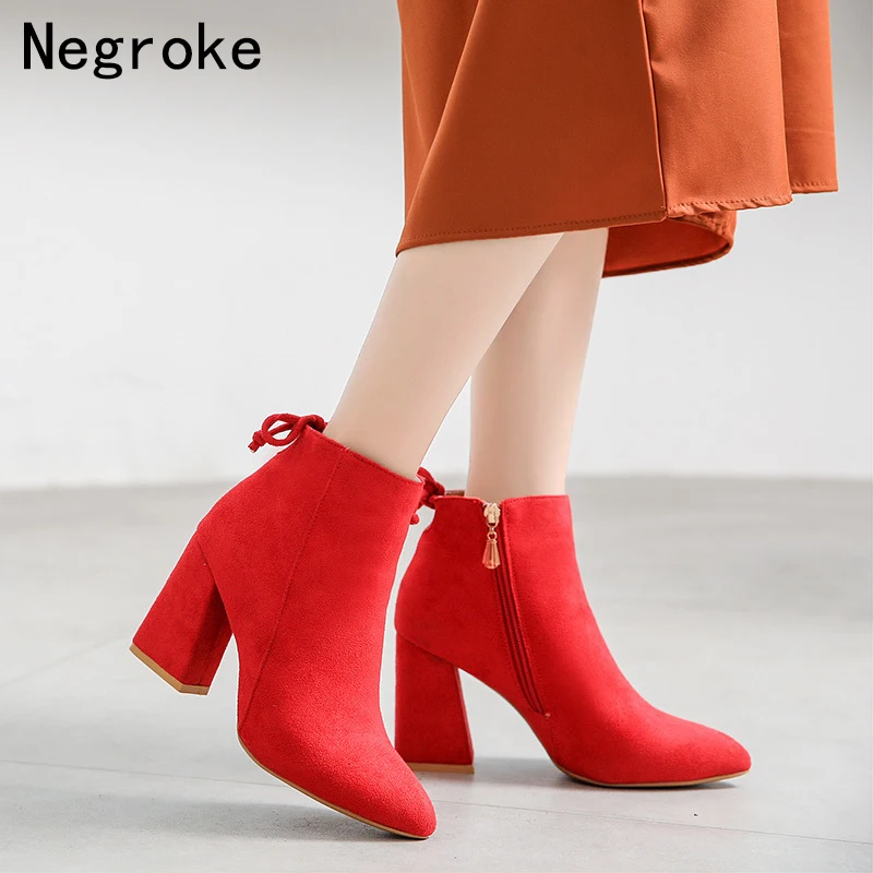 Hot Sale Women Boots Autumn Winter Flock Ankle Boots Female Square High Heels Shoes Woman Zipper Botas Zapatos Mujer