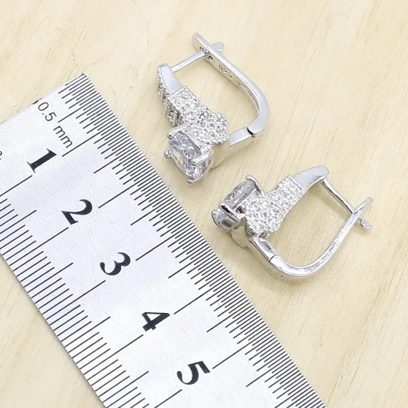 Белый Циркон 925 серебряные Свадебные украшения наборы для женщин серьги кольца ожерелье кулон подарок на день рождения коробка