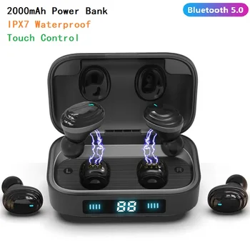

H01 IPX7 Waterproof Bluetooth Earphones 5.0 Earcups 9D Stereo Music Earbuds Touch Control LED Display 2000mAh Power Bank Headset