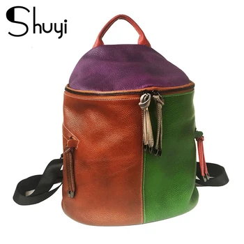 

Women's Bag Genuine Leather Women's Backpack Fashion Portable Large Bucket Bag Head Layer Cowhide Colorblock Travel Backpacks