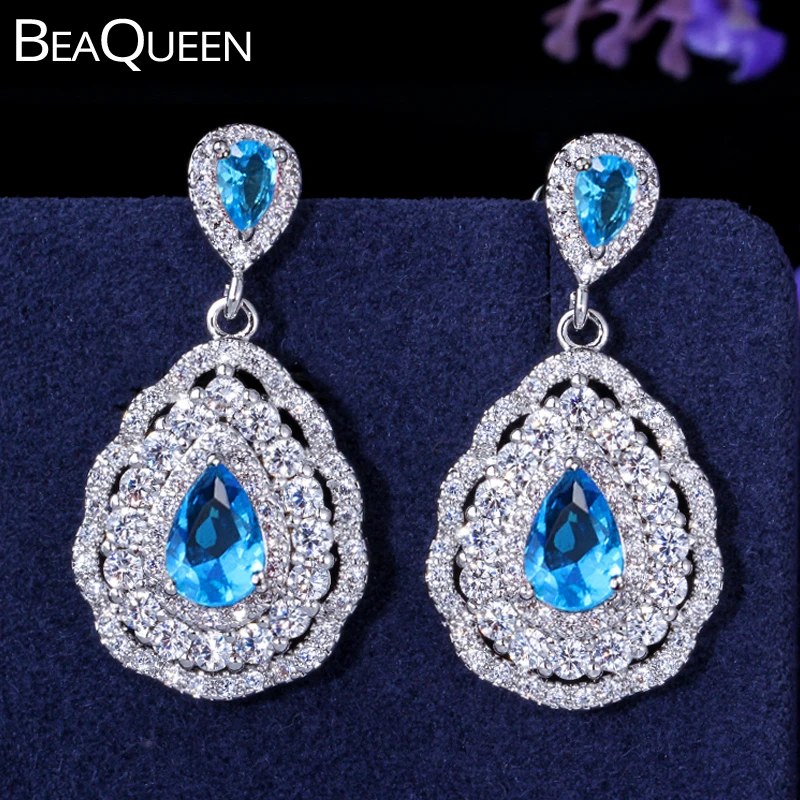 Женские серьги-подвески с кристаллами BeaQueen висячие серьги голубого цвета