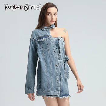 

TWOTWINSTYLE Patchwork Denim Dress For Women Lapel Long Sleeve One Off Shouder Hollow Out Blue Mini Dresses Female 2020 Clothing