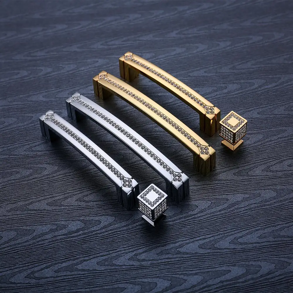 Furniture Drawer Pulls 24K Real Gold Czech Crystal Drawer Door Handle Furniture Knobs Pull Handles Never Fade Gold & Chrome