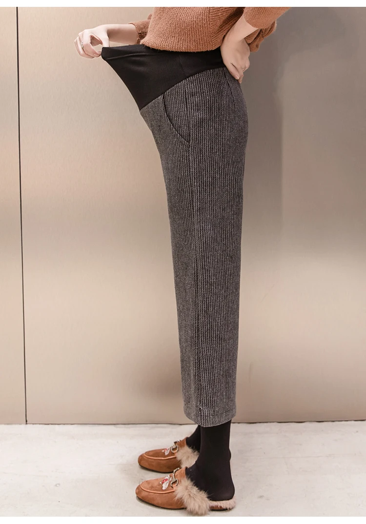 748# Autumn Winter Woolen Maternity Pants Wide Leg Loose Straight Pants Clothes for Pregnant Women 9/10 Pregnancy Belly Trousers