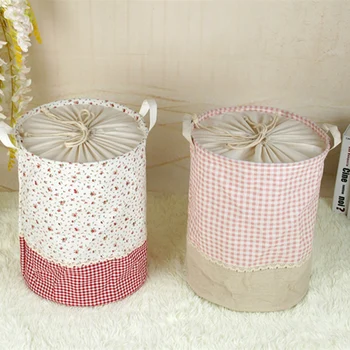 

Linen Cotton Laundry Basket Dirty Clothes Storage Basket for Toys Large Sundries Boxes Folding Drawstring Round Washing Basket