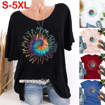 

New 2020 Women Summer Loose T Shirt Casual Short Sleeve Tops Tees Tie-dye Sunflower Print O-Neck T-Shirt Shirts Plus Size S-5XL