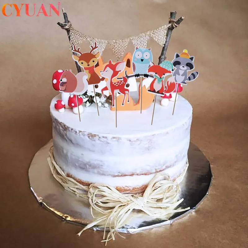 Лесной Торт Топперы Джунгли животных Кекс Toppers для беби Шауэр детский день рождения украшения десерт поставки