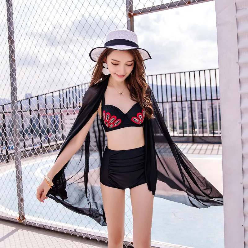 

New Products Women's-Solid Color High-waisted Bikini Veils Three-piece Set Bathing Suit Beach Holiday Bathing Suit Underwire Pus