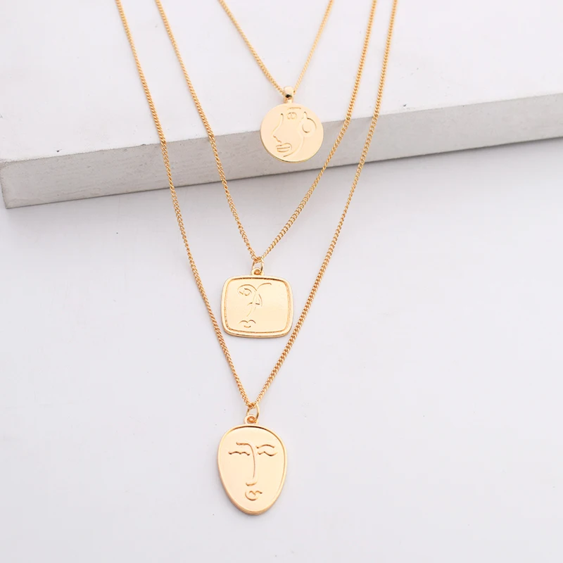 

Fashion Simple Multi-layer Metal Face Pendant Necklace Square Alloy Minimalist Coin Disc Choker Necklaces For Women Girl Party