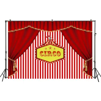 

Red Curtain Circus CIRCO Tent Carnival Backdrop for Kids 1st Birthday Party Red Stripes Photo Background Cake Table Decor W-3359