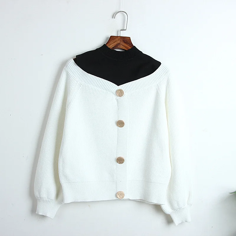 Autumn women Cardigans Faux 2 Pieces Single-breasted Patchwork Casual Stand Korean Sweater Loose Female pull femme Outwear
