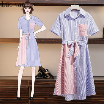 

Summer Korean 5XL Plus Size Striped Midi Dresses Bow Sashes Elegant Women Pockets Short Sleeve Casual Ladies Dress Vestidos