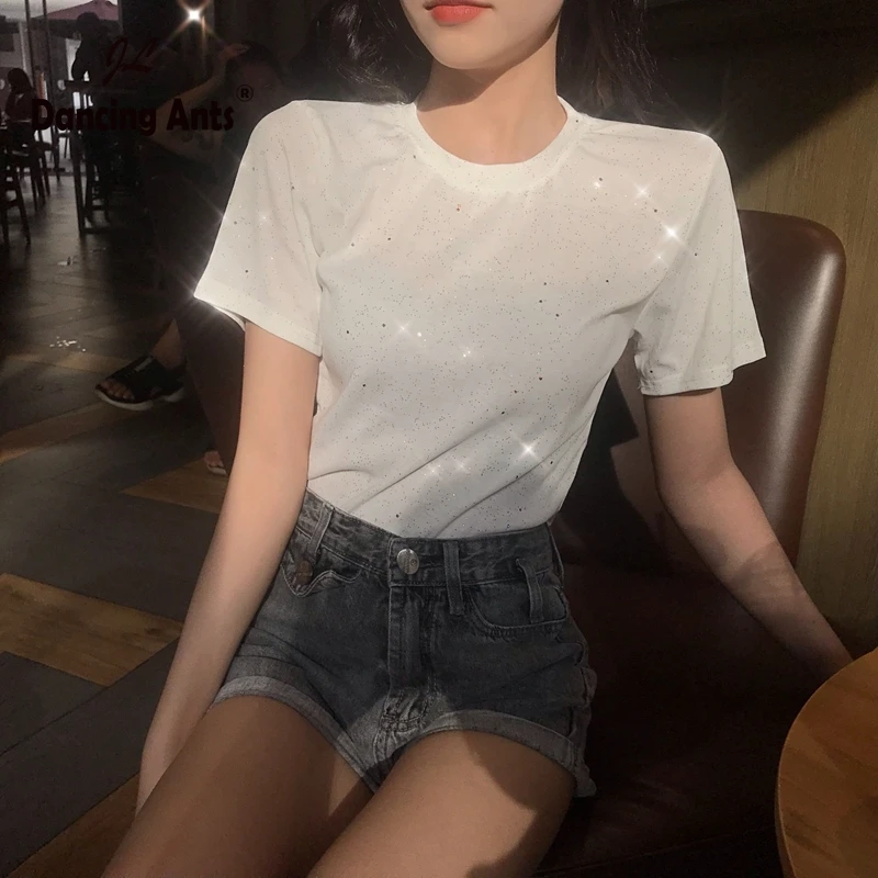 

Woman T-shirts O-neck Short Sleeve Loose Tees Preppy Style Harajuku Sequined Solid Female Pullover T-shirts 2020 Summer Fashion